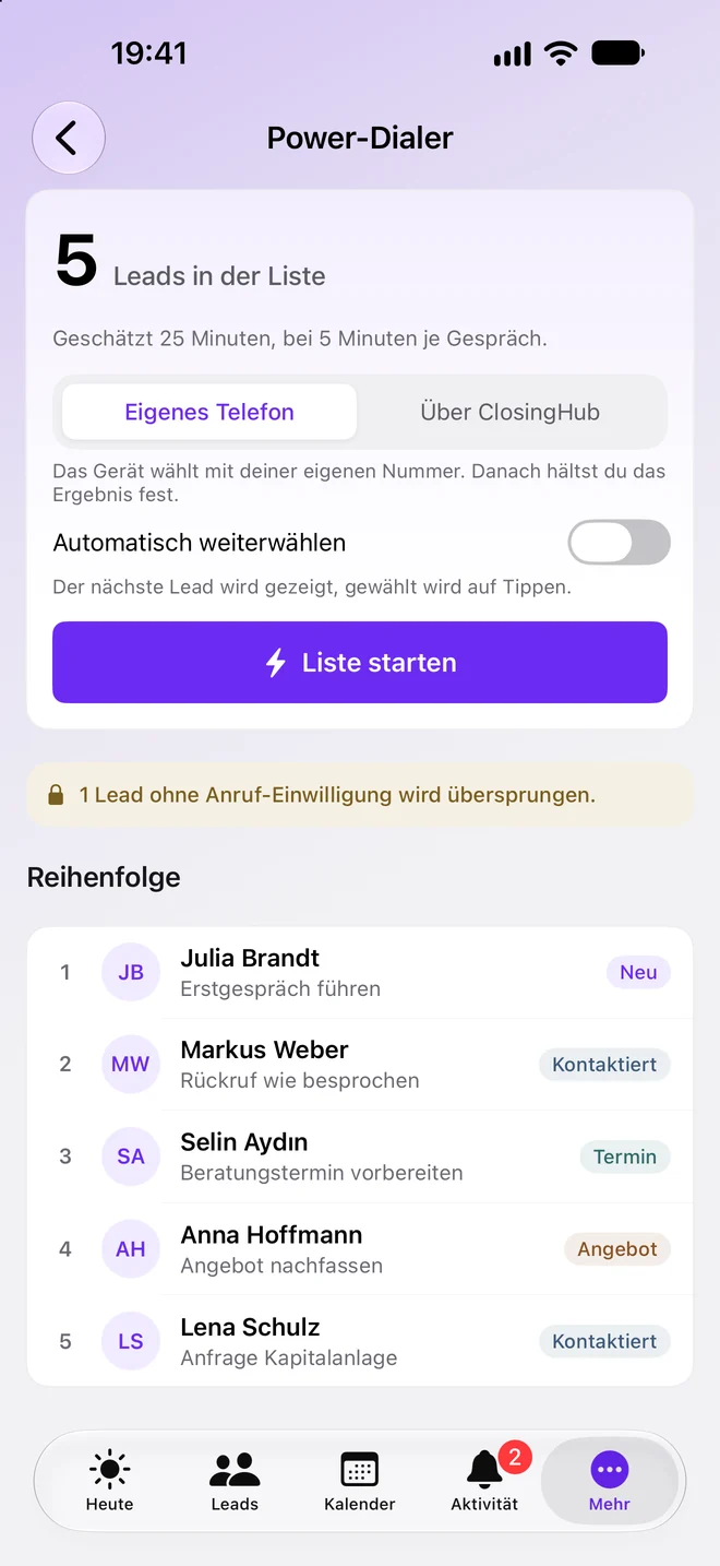 Power-Dialer in der ClosingHub-App mit der Liste der Leads und dem Knopf Liste starten