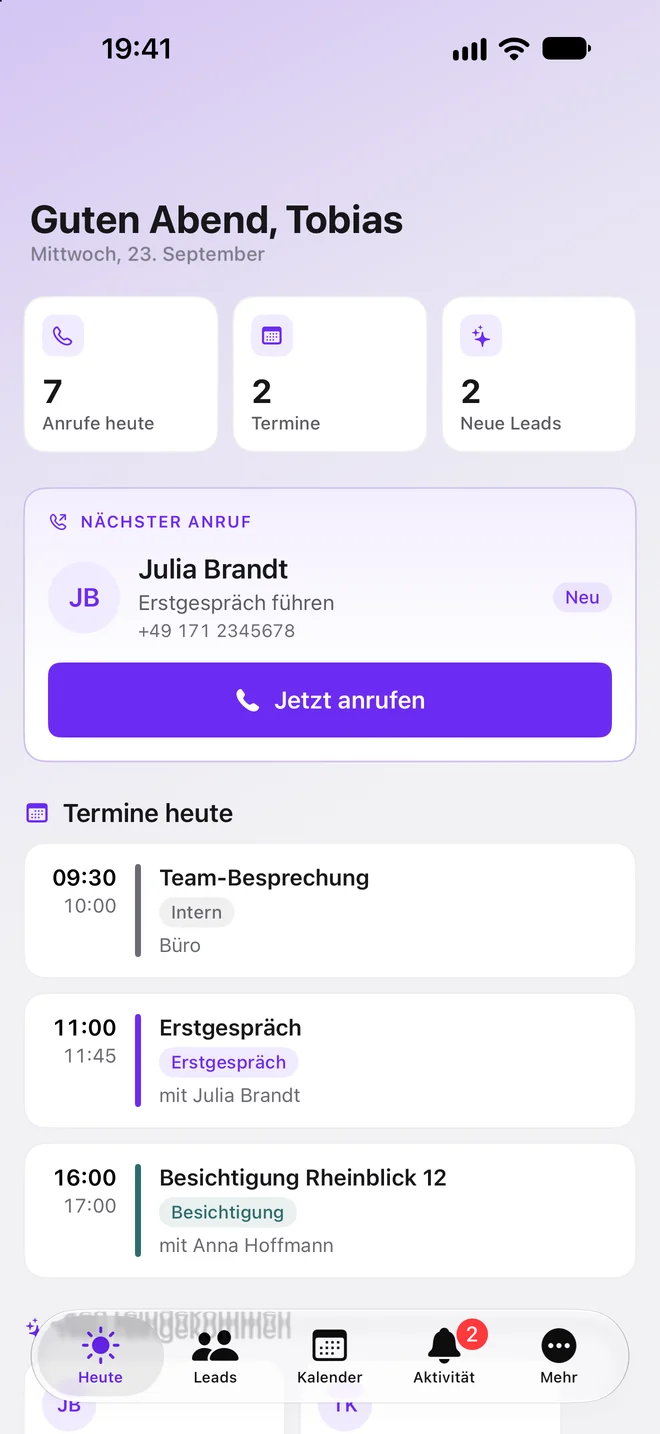 Heute in der ClosingHub-App: Anrufe, Termine und neue Leads, der nächste Anruf und die Termine des Tages