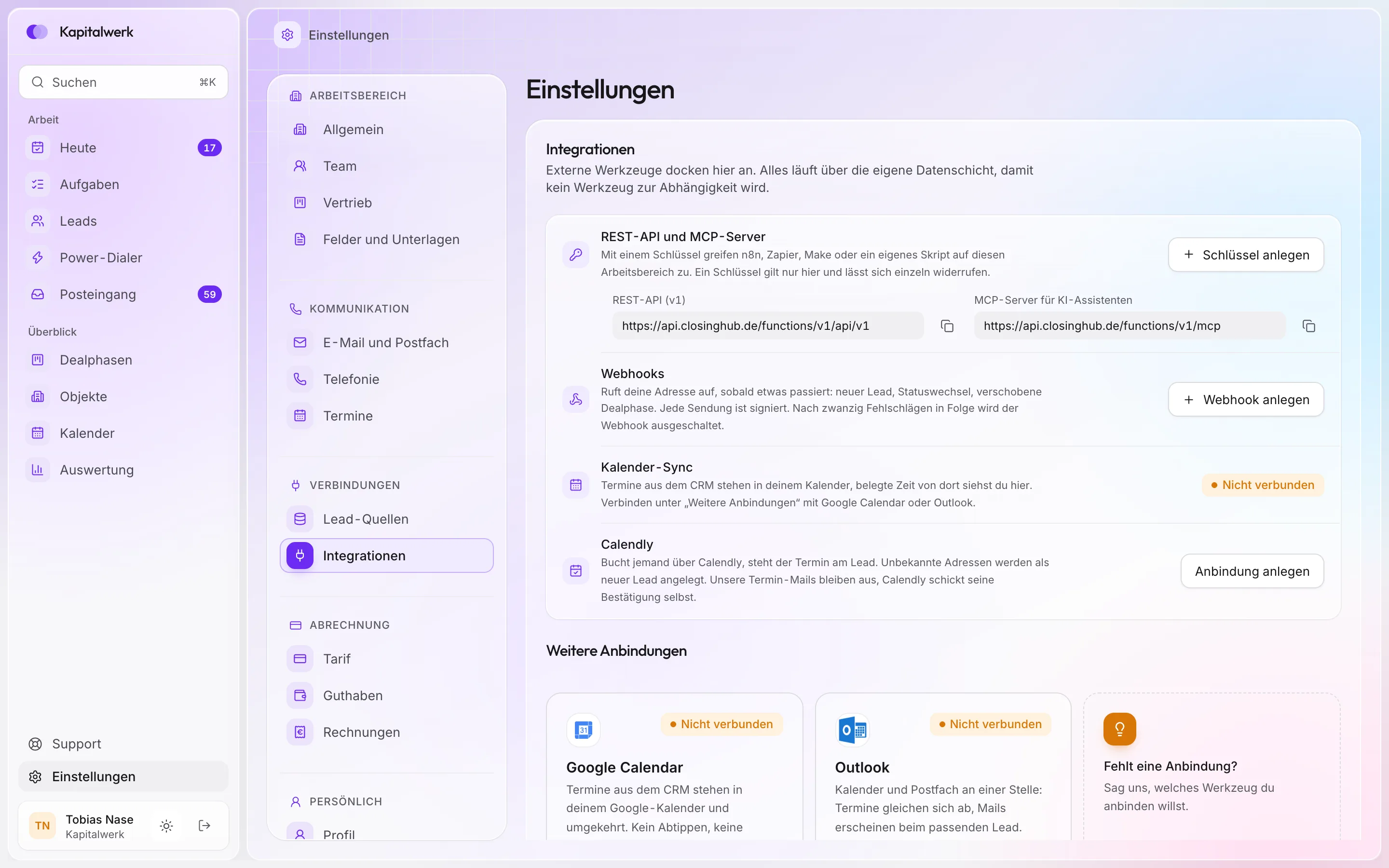 Integrationen in ClosingHub: REST-API und MCP-Server mit Adressen, Webhooks, Kalender-Sync, Calendly und weitere Anbindungen wie Google Calendar und Outlook