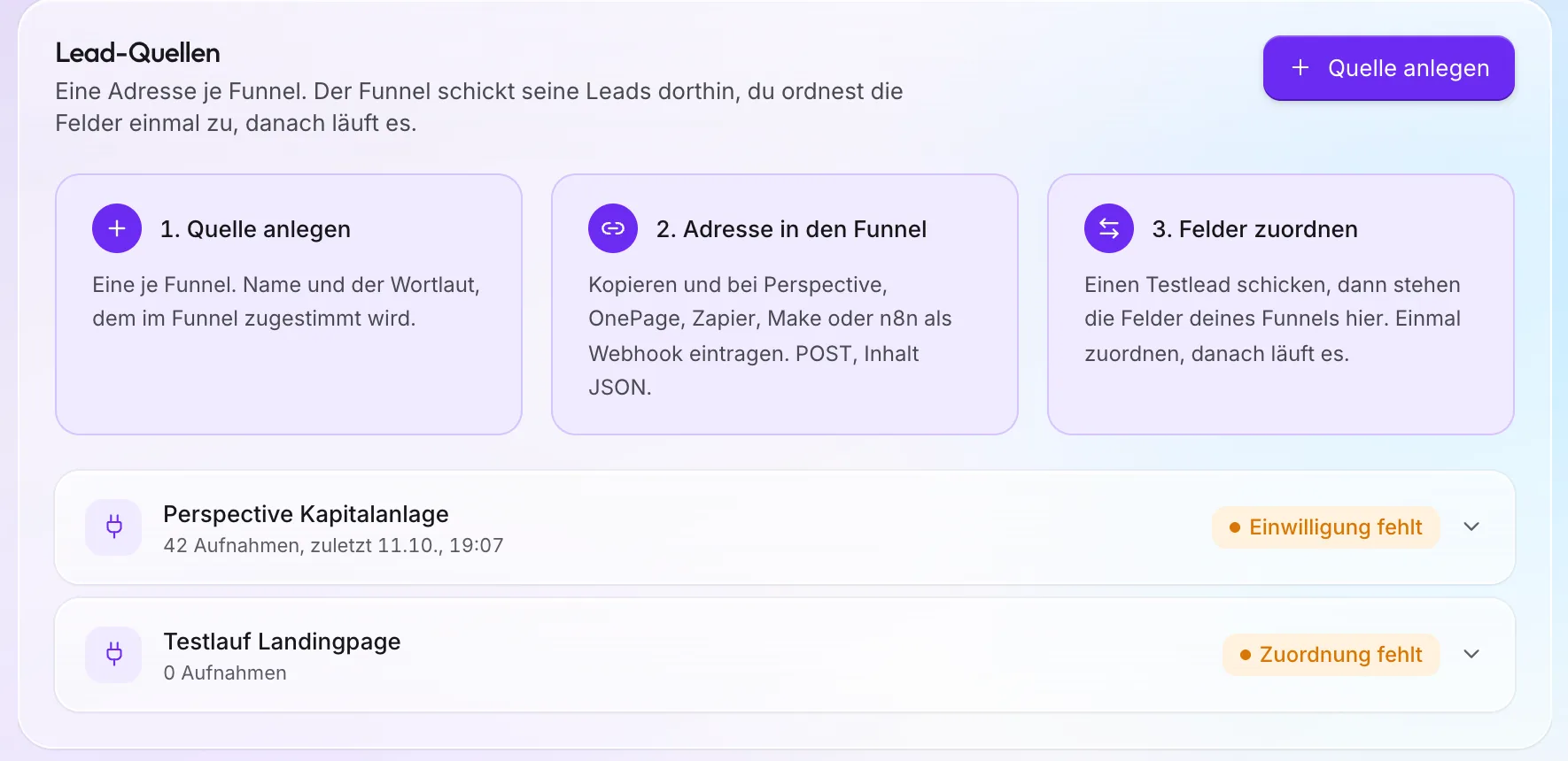 Lead-Quellen in ClosingHub: drei Schritte Quelle anlegen, Adresse in den Funnel, Felder zuordnen, darunter zwei Quellen mit ihrem Stand