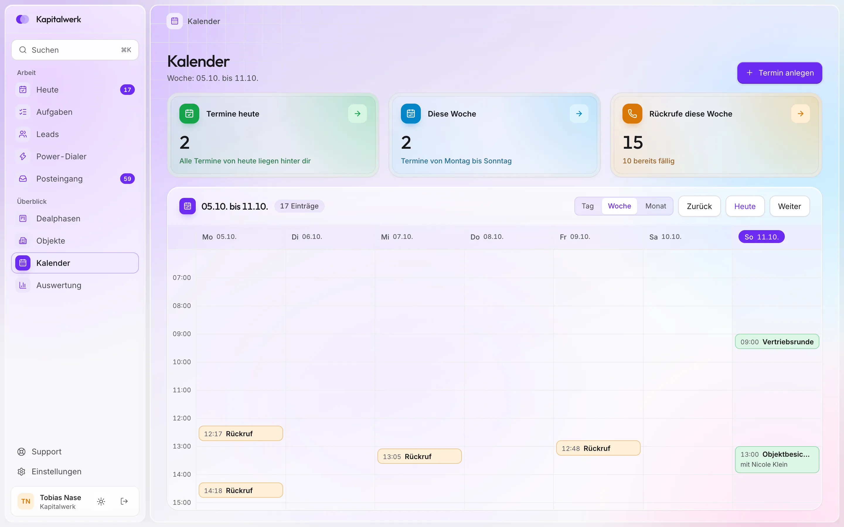 Kalender in ClosingHub, Wochenansicht mit Terminen und Rückrufen