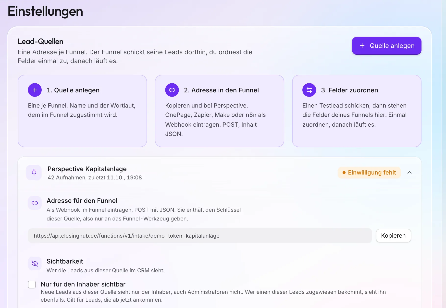 Lead-Quellen in ClosingHub: drei Schritte Quelle anlegen, Adresse in den Funnel, Felder zuordnen, darunter eine Quelle mit ihrer Adresse für den Funnel, Sichtbarkeit und Feldzuordnung