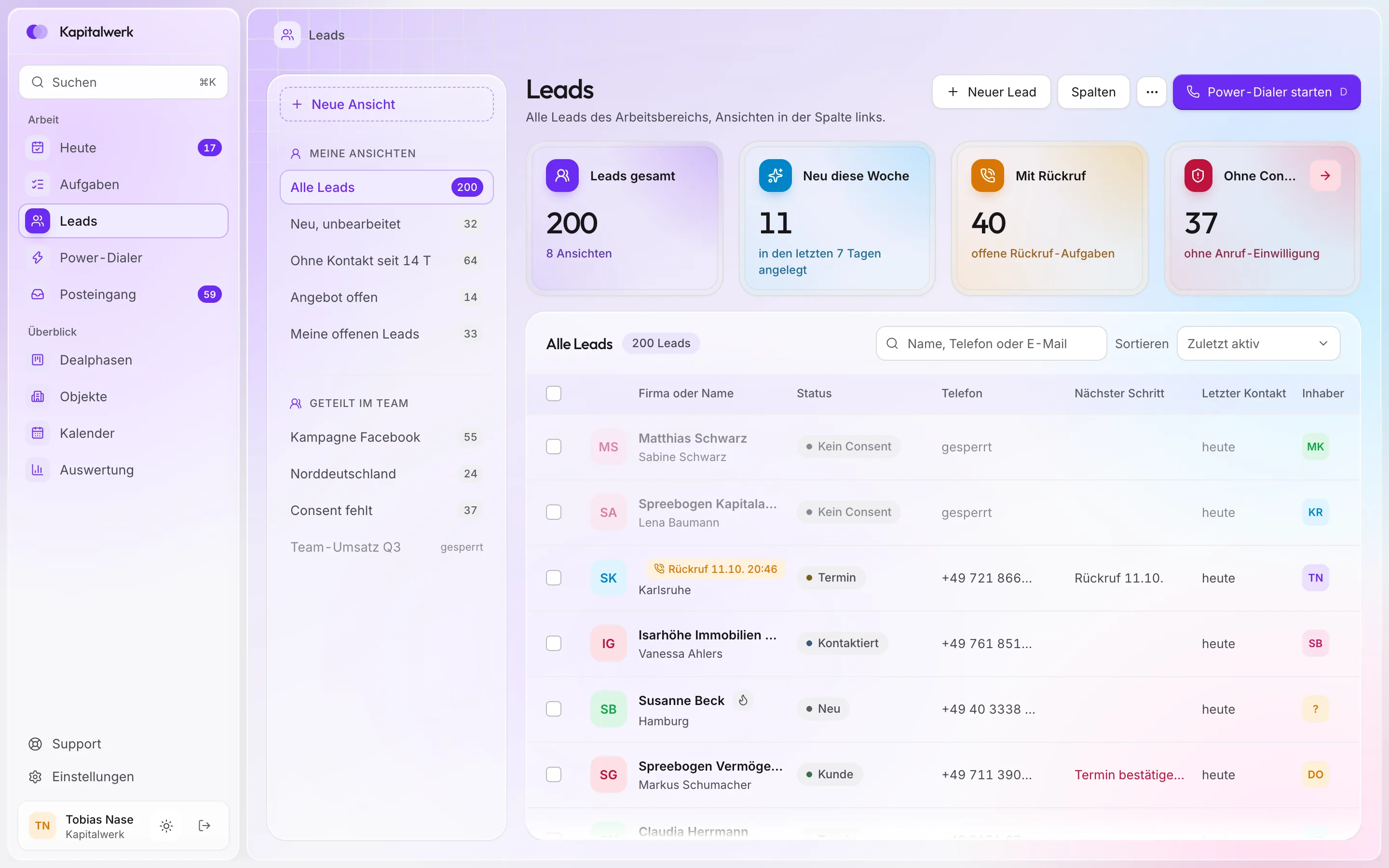 Leads-Liste in ClosingHub mit Ansichten, Status und Flamme je Lead