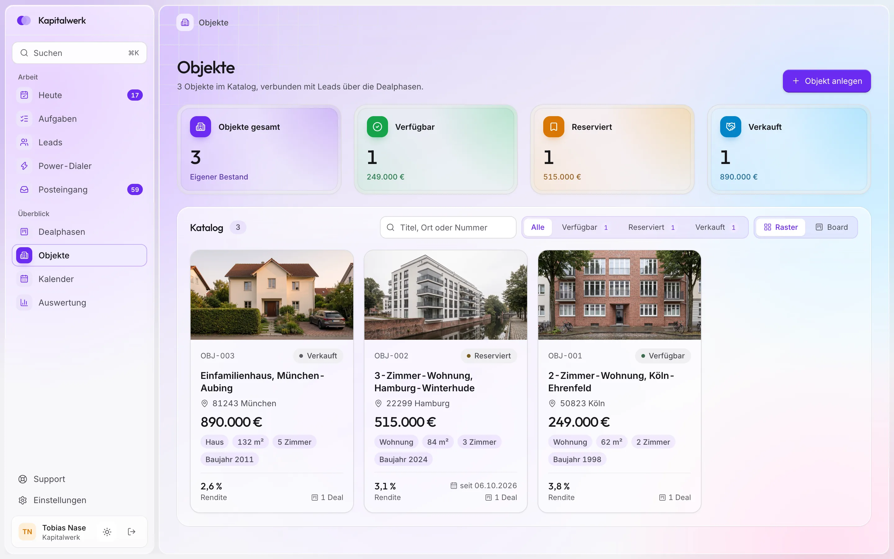 Produktkatalog in ClosingHub mit Immobilien als Raster, mit Foto, Kaufpreis, Ort, Rendite und Status