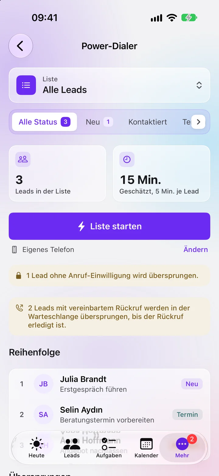 Power-Dialer in der iPhone-App von ClosingHub